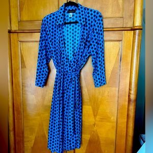 Julie Dillon blue geometric wrap dress.  Flatters ALL body types.